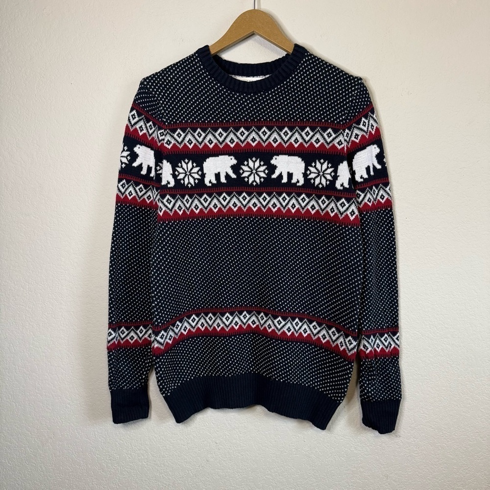Aspen Navy Blue Fair Isle Polar Bear Long Sleeve Knit Sweater Pullover Winter SM